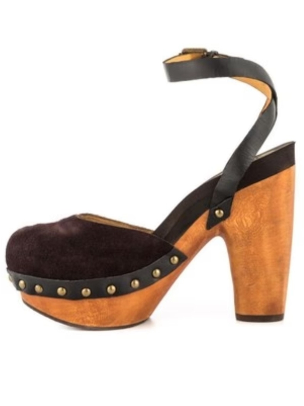 Studded Black Suede Platform Clogs with Tan Wood Heel - Picture 7 of 7